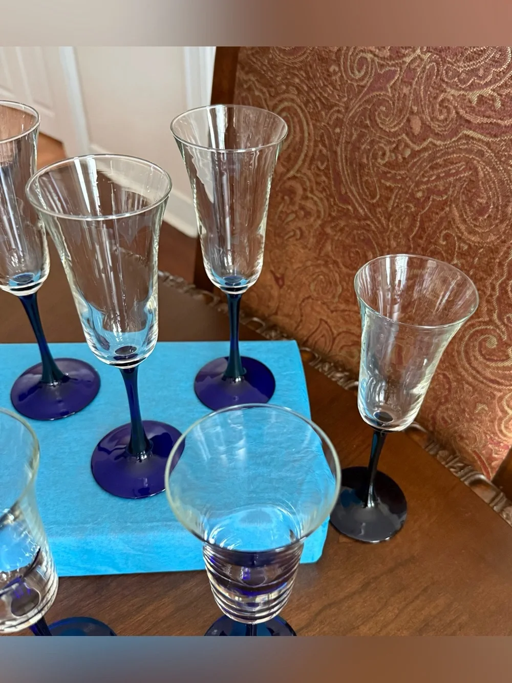 Vintage Luminarc France Cobalt Blue Stem Champagne Flutes - Set of 6 + 1 Spare